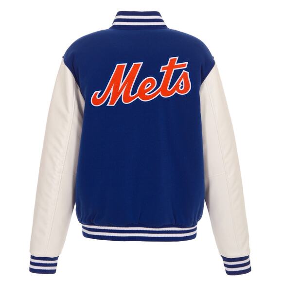 New York NY Mets Reversible Fleece Jacket with Faux Leather Sleeves - Picture 2 of 7